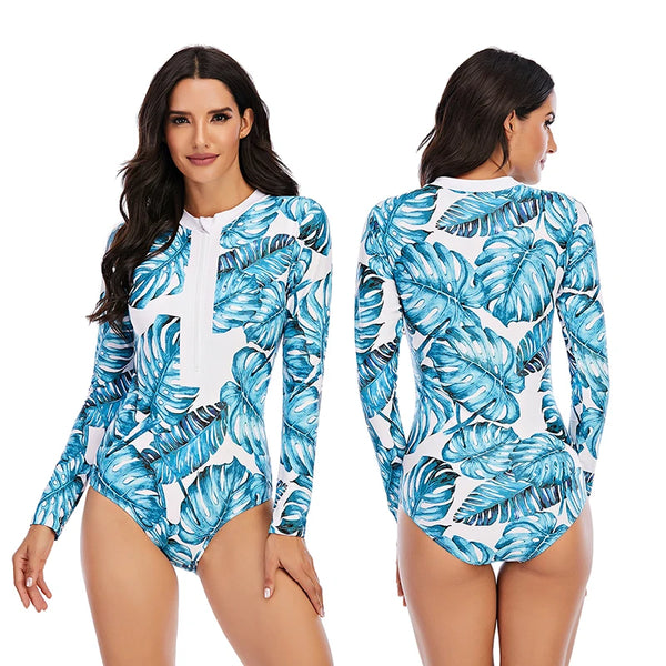 Long Sleeve Leaves Print Swimwear