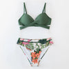 Green Floral Push Up Mid-Waist Bikini Set