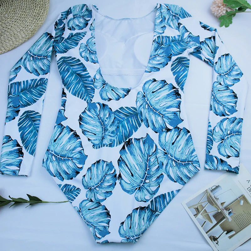 Long Sleeve Leaves Print Swimwear