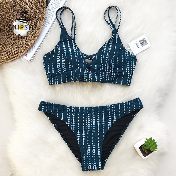 Navy Dot Print Low-Waist Bikini Set