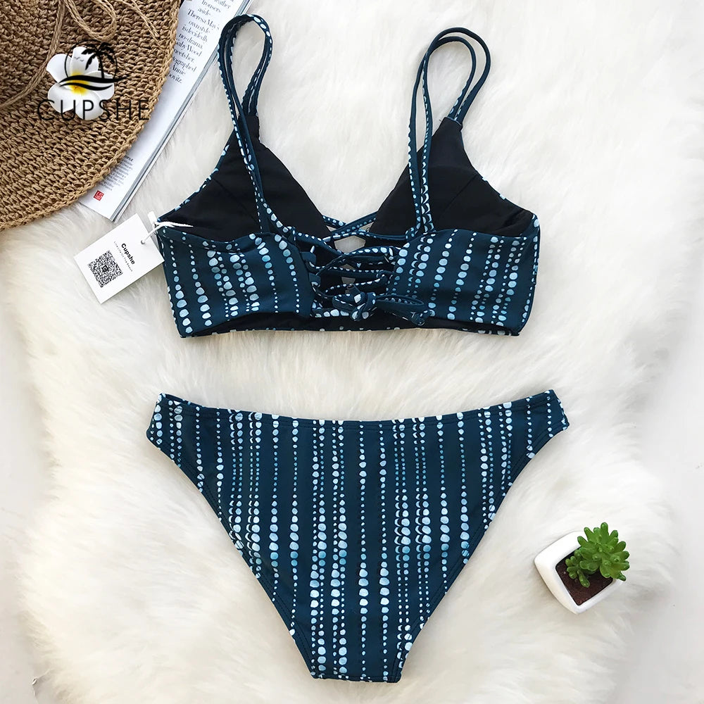 Navy Dot Print Low-Waist Bikini Set