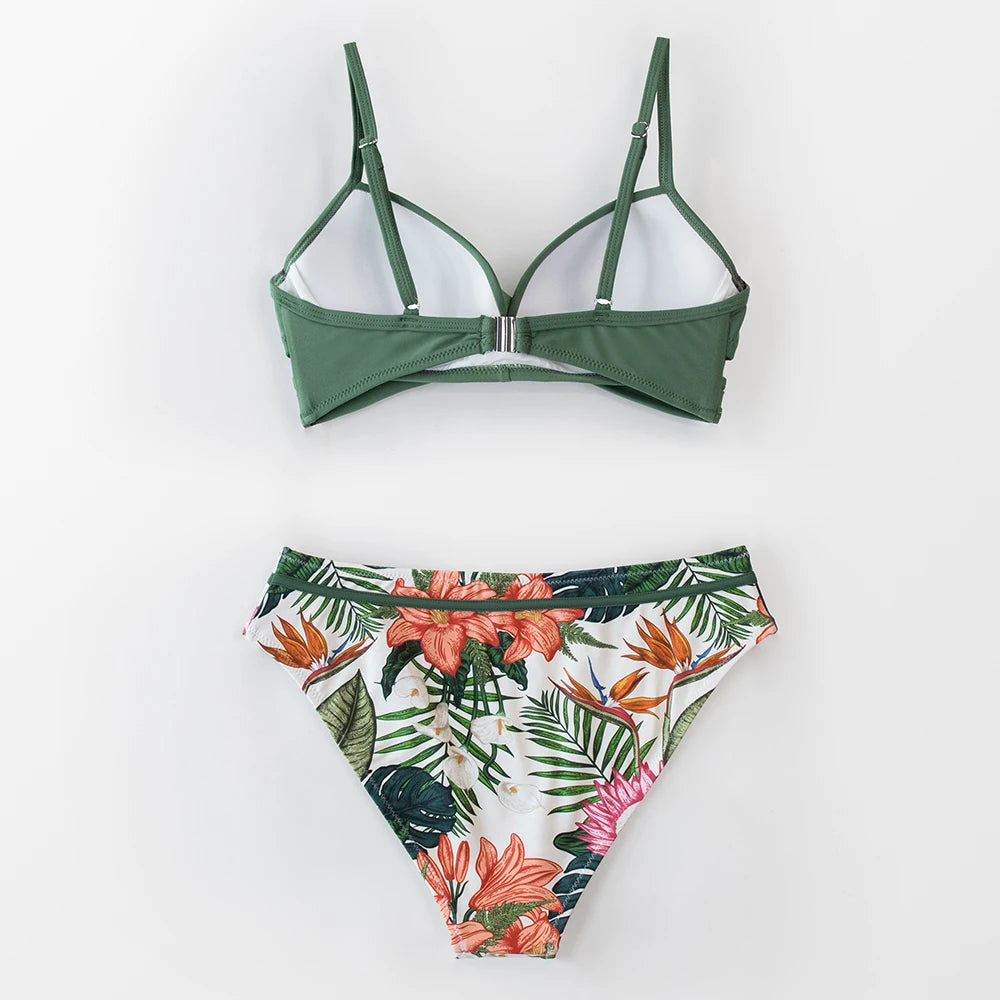 Green Floral Push Up Mid-Waist Bikini Set