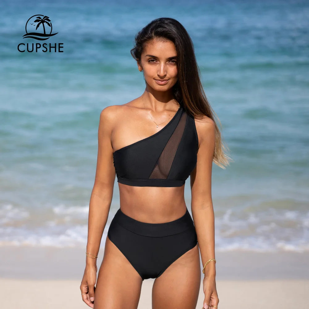 Black Mesh High Waist Bikini Set