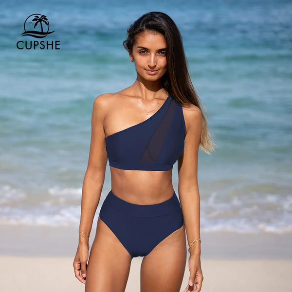 One Shoulder Mesh High Waist Bikini Set